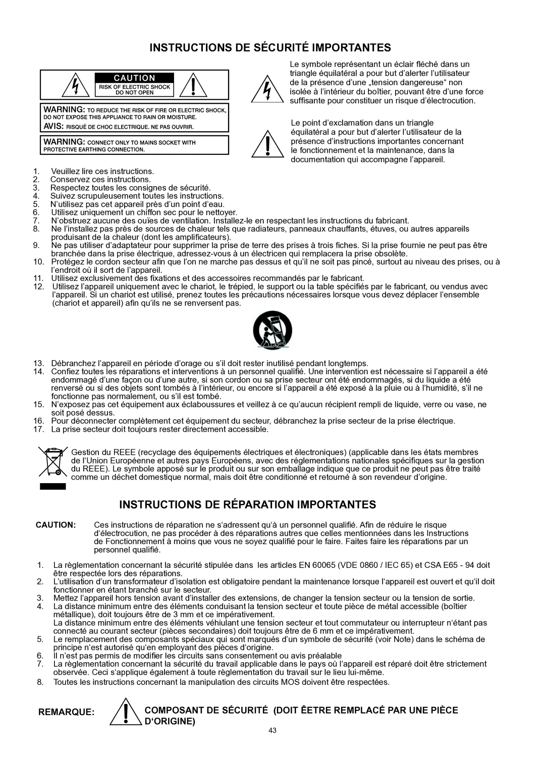 Dynacord PowerMate 600 owner manual Instructions DE Sécurité Importantes 