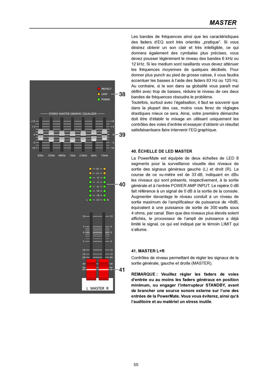 Dynacord PowerMate 600 owner manual 40. Échelle DE LED Master, Master L+R 