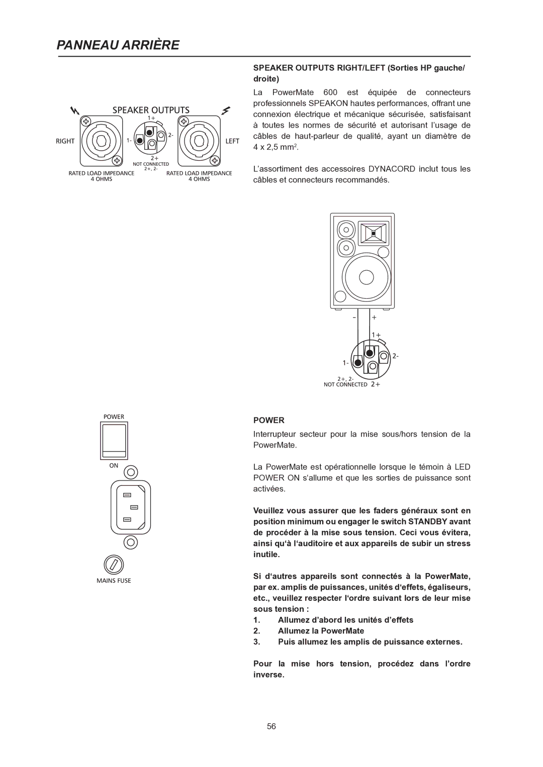 Dynacord PowerMate 600 owner manual Panneau Arrière, Speaker Outputs RIGHT/LEFT Sorties HP gauche/ droite 