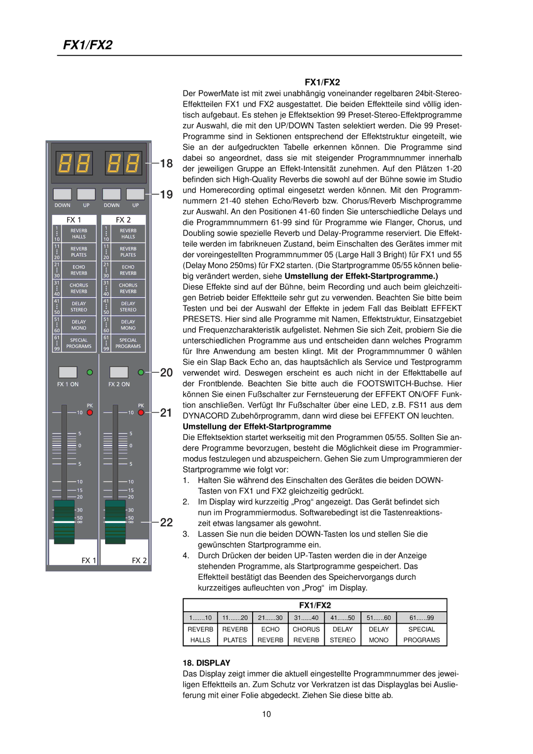 Dynacord PowerMate 600 owner manual FX1/FX2, Umstellung der Effekt-Startprogramme, Display 