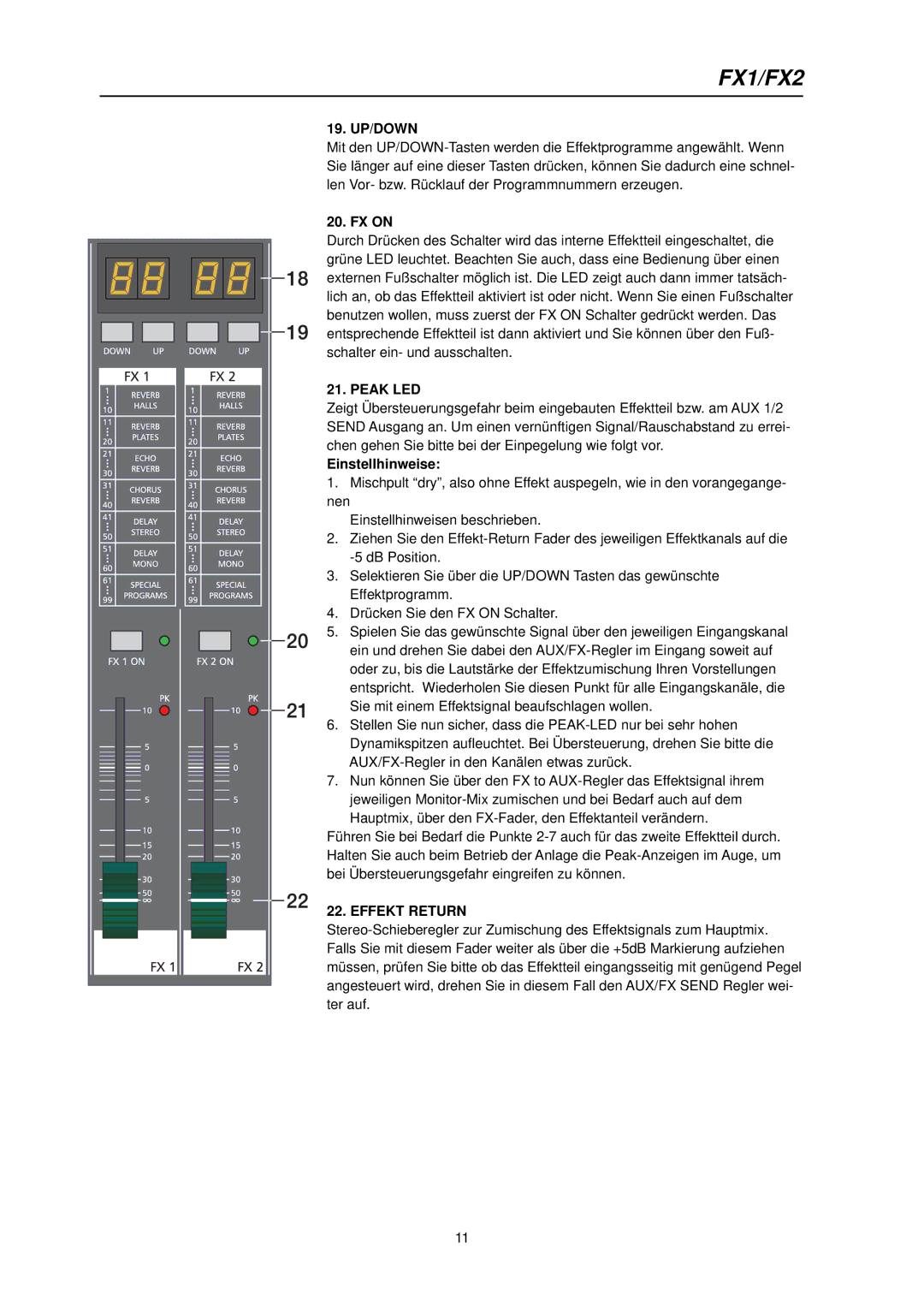 Dynacord PowerMate 600 owner manual 19. UP/DOWN, FX on, Peak LED, Einstellhinweise, Effekt Return 