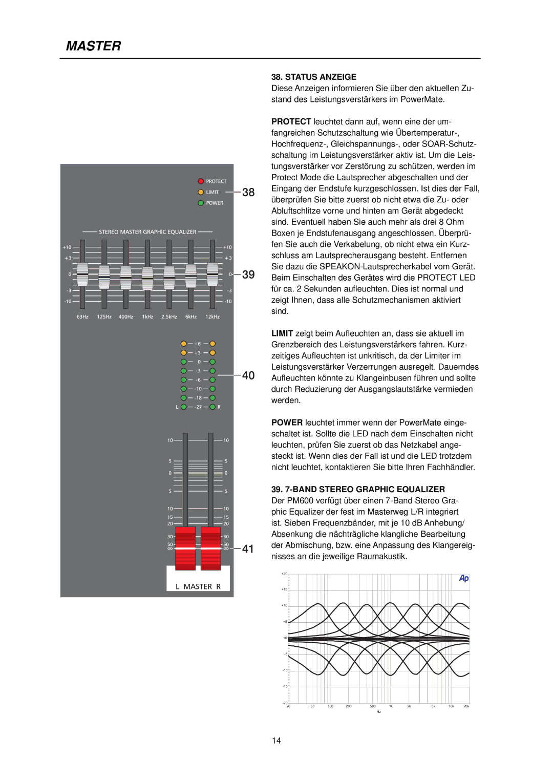 Dynacord PowerMate 600 owner manual Master, Status Anzeige, Band Stereo Graphic Equalizer 