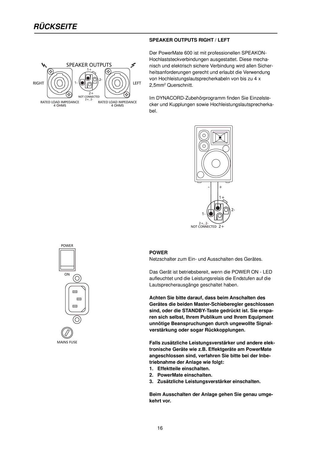 Dynacord PowerMate 600 owner manual Rückseite, Speaker Outputs Right / Left 