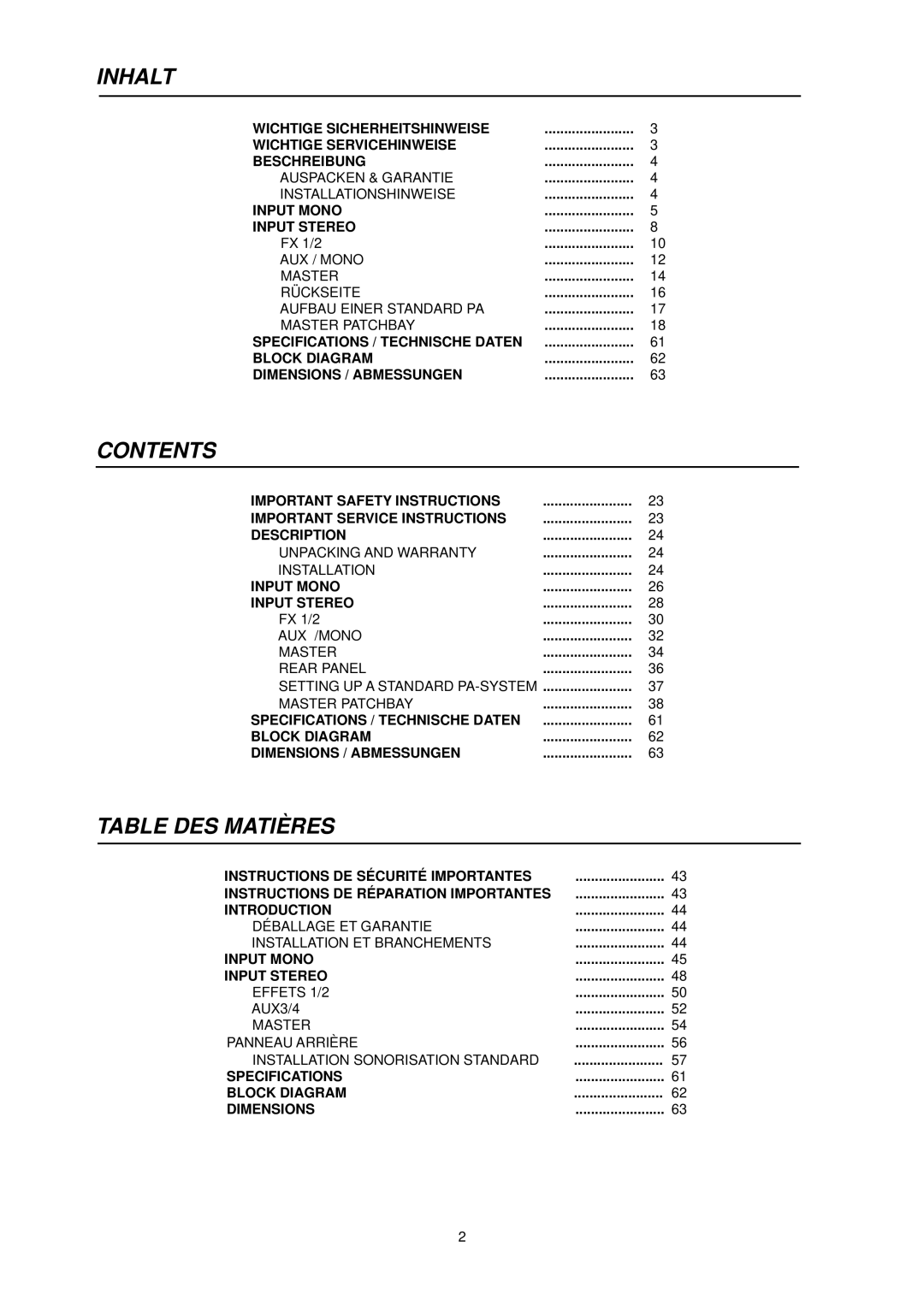 Dynacord PowerMate 600 owner manual Inhalt, Contents, Table DES Matières 