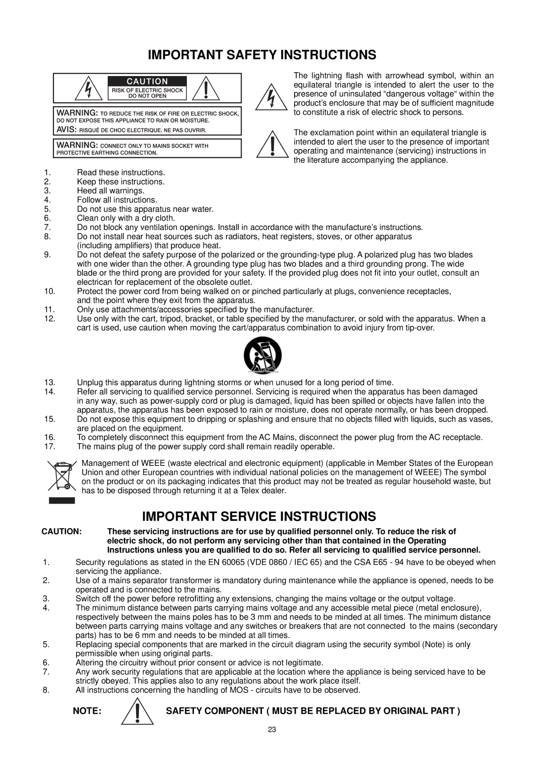 Dynacord PowerMate 600 owner manual Important Safety Instructions 