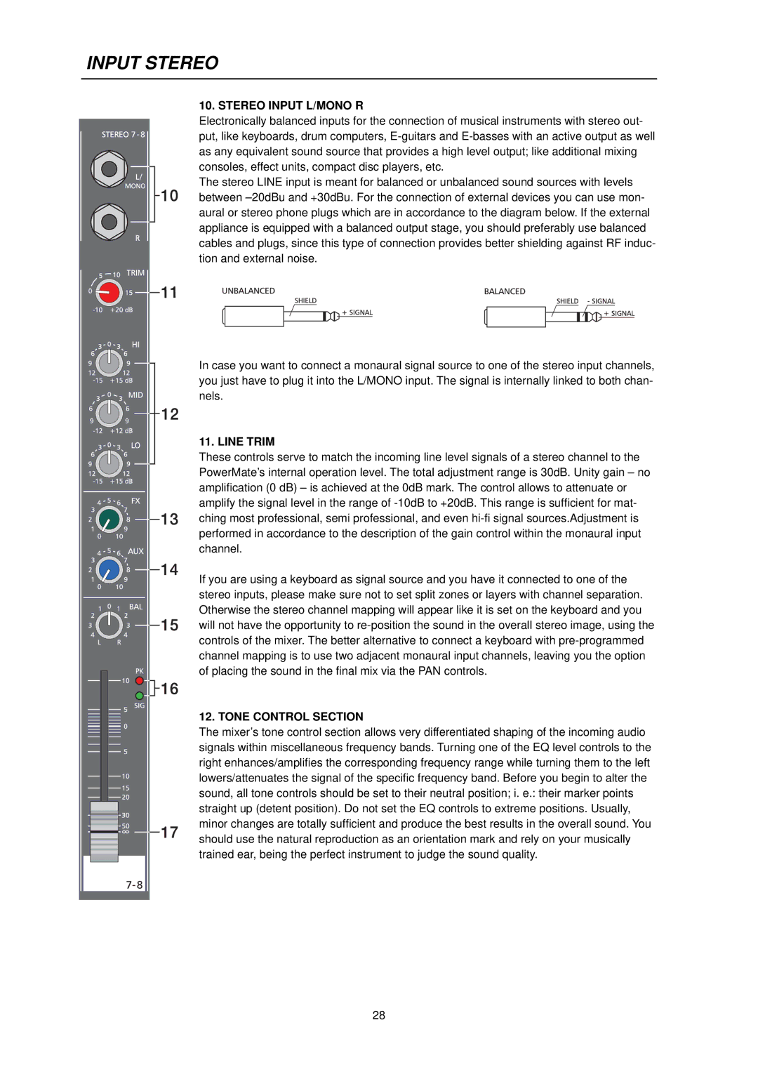 Dynacord PowerMate 600 owner manual Stereo Input L/MONO R, Tone Control Section 