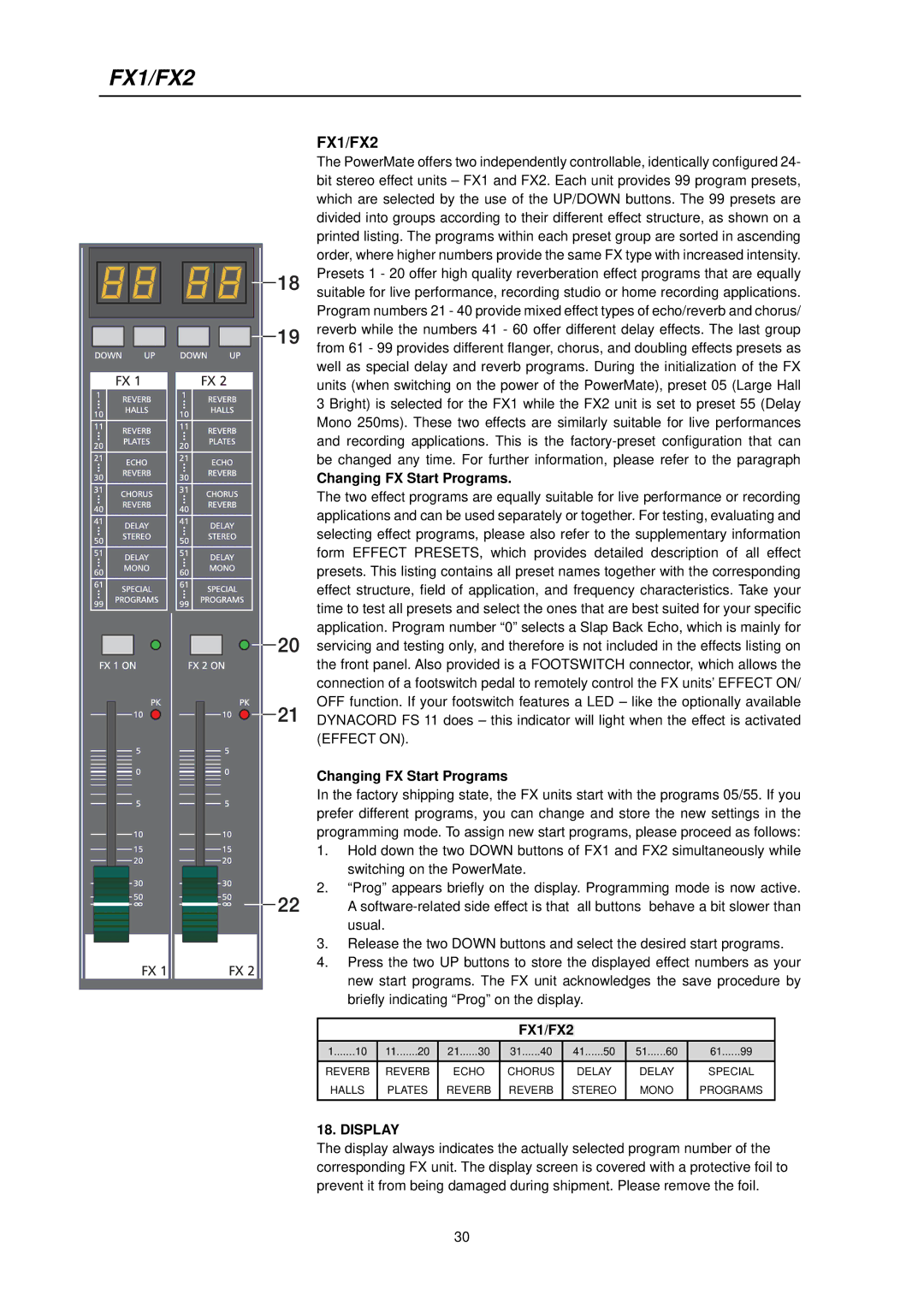 Dynacord PowerMate 600 owner manual FX1/FX2, Changing FX Start Programs 