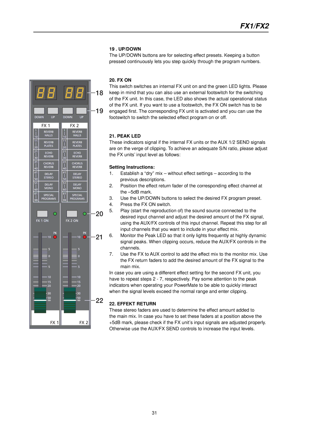 Dynacord PowerMate 600 owner manual 19 . UP/DOWN, Setting Instructions 