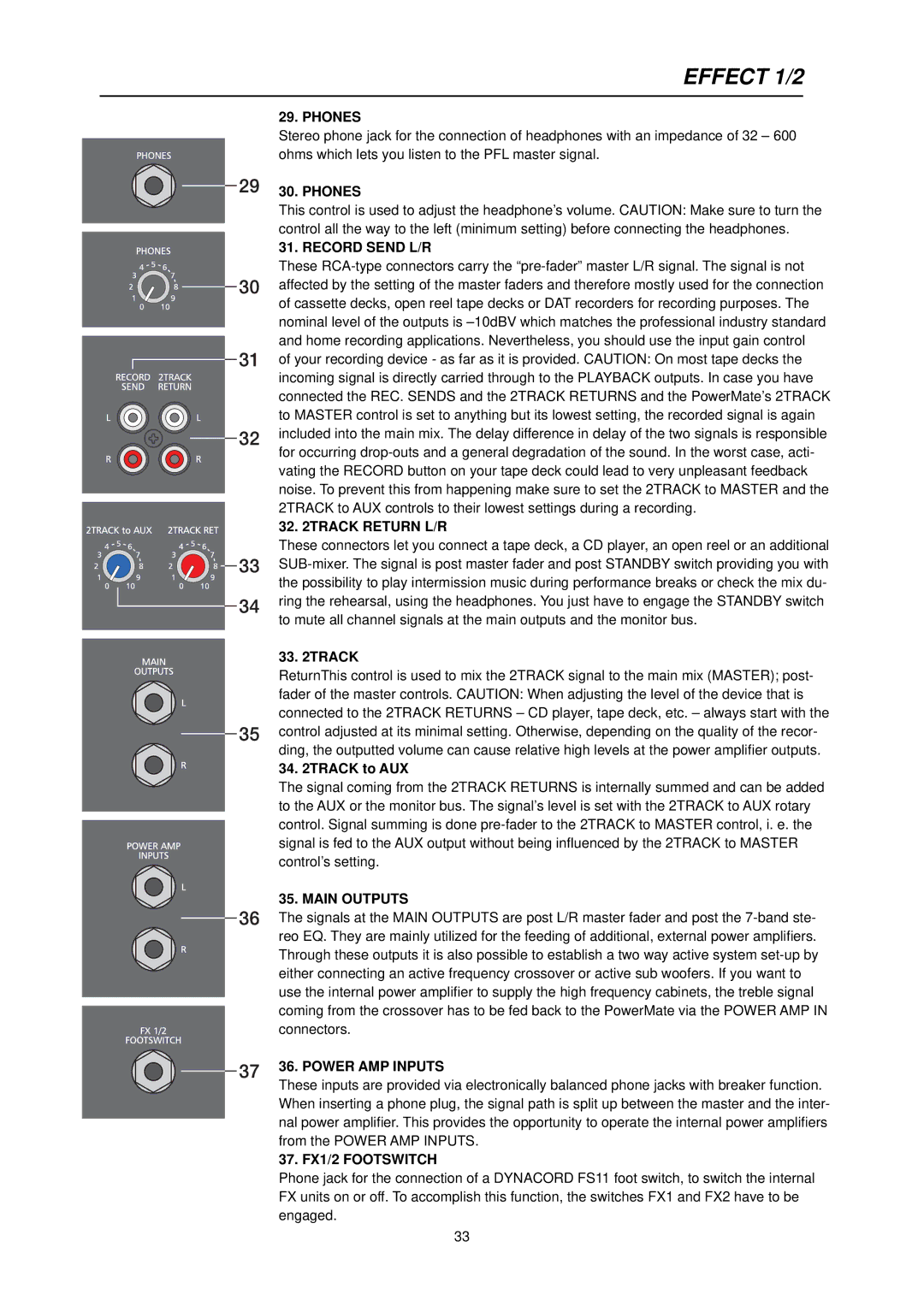 Dynacord PowerMate 600 owner manual Effect 1/2, Phones 