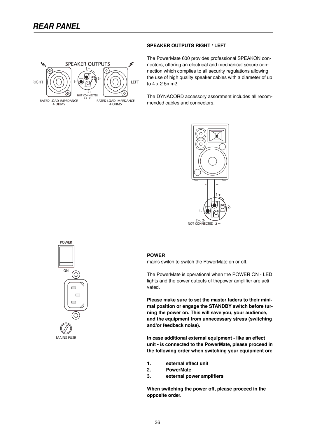 Dynacord PowerMate 600 owner manual Rear Panel, Speaker Outputs Right / Left 