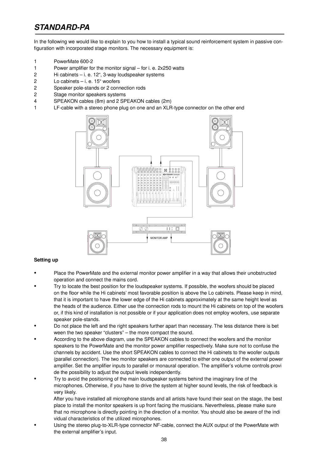 Dynacord PowerMate 600 owner manual Setting up 