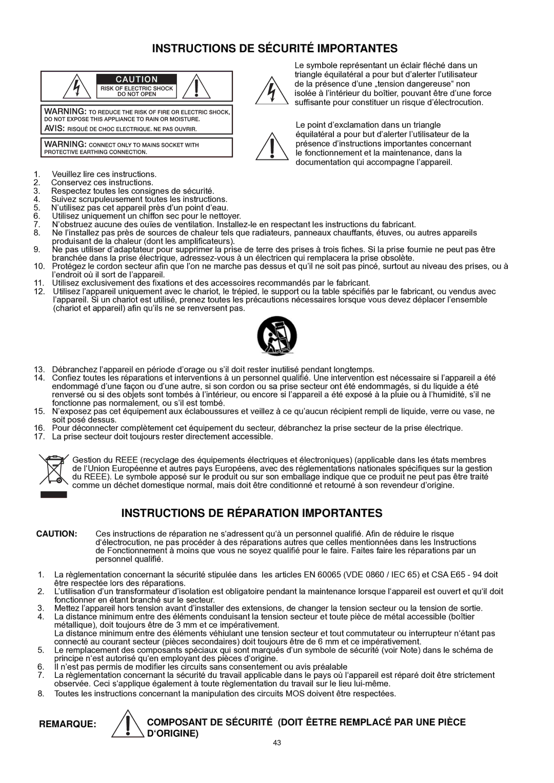 Dynacord PowerMate 600 owner manual Instructions DE Sécurité Importantes 