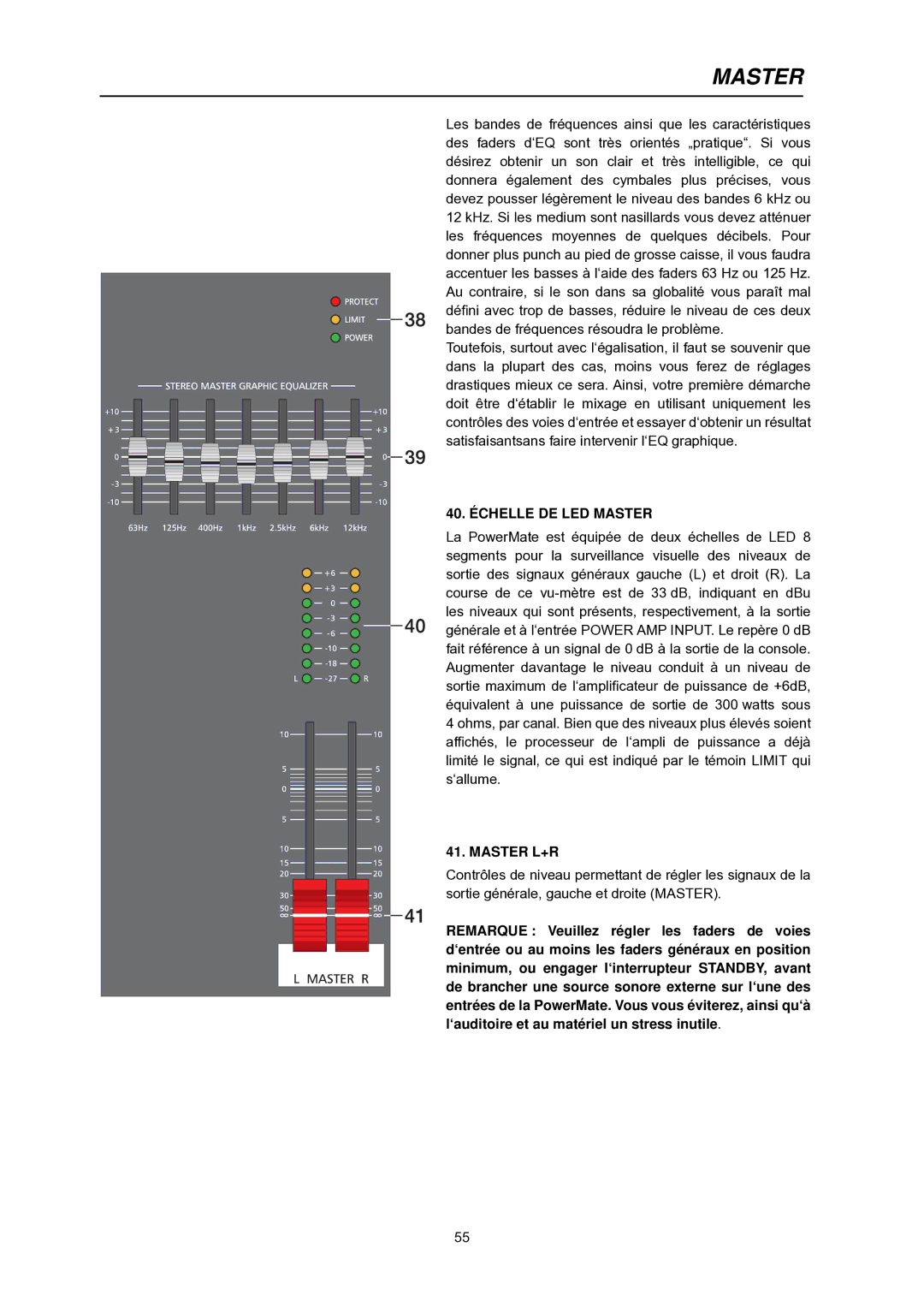 Dynacord PowerMate 600 owner manual 40. Échelle DE LED Master, Master L+R 