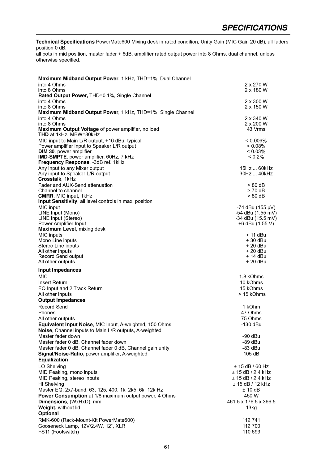 Dynacord PowerMate 600 owner manual Specifications 