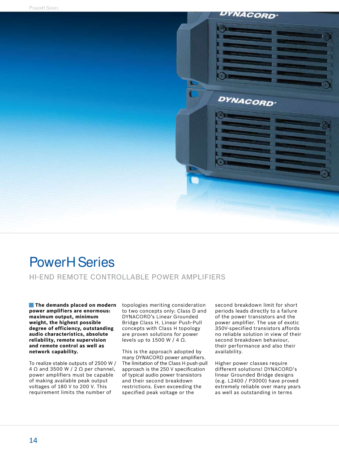 Dynacord Professional Power Amplifiers manual PowerH Series, HI-end remote controllable power amplifiers 