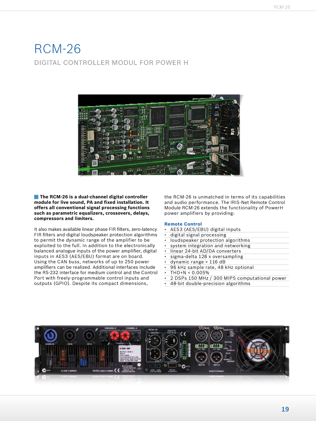 Dynacord Professional Power Amplifiers manual RCM-26, Digital Controller Modul for Power H, Remote Control 