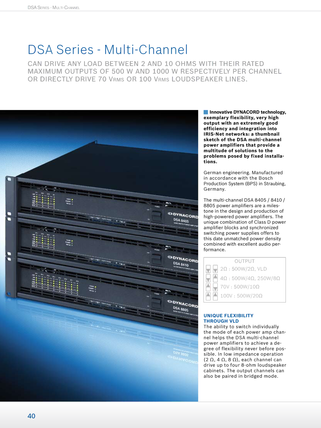 Dynacord Professional Power Amplifiers manual DSA Series Multi-Channel, Unique flexibility through VLD 