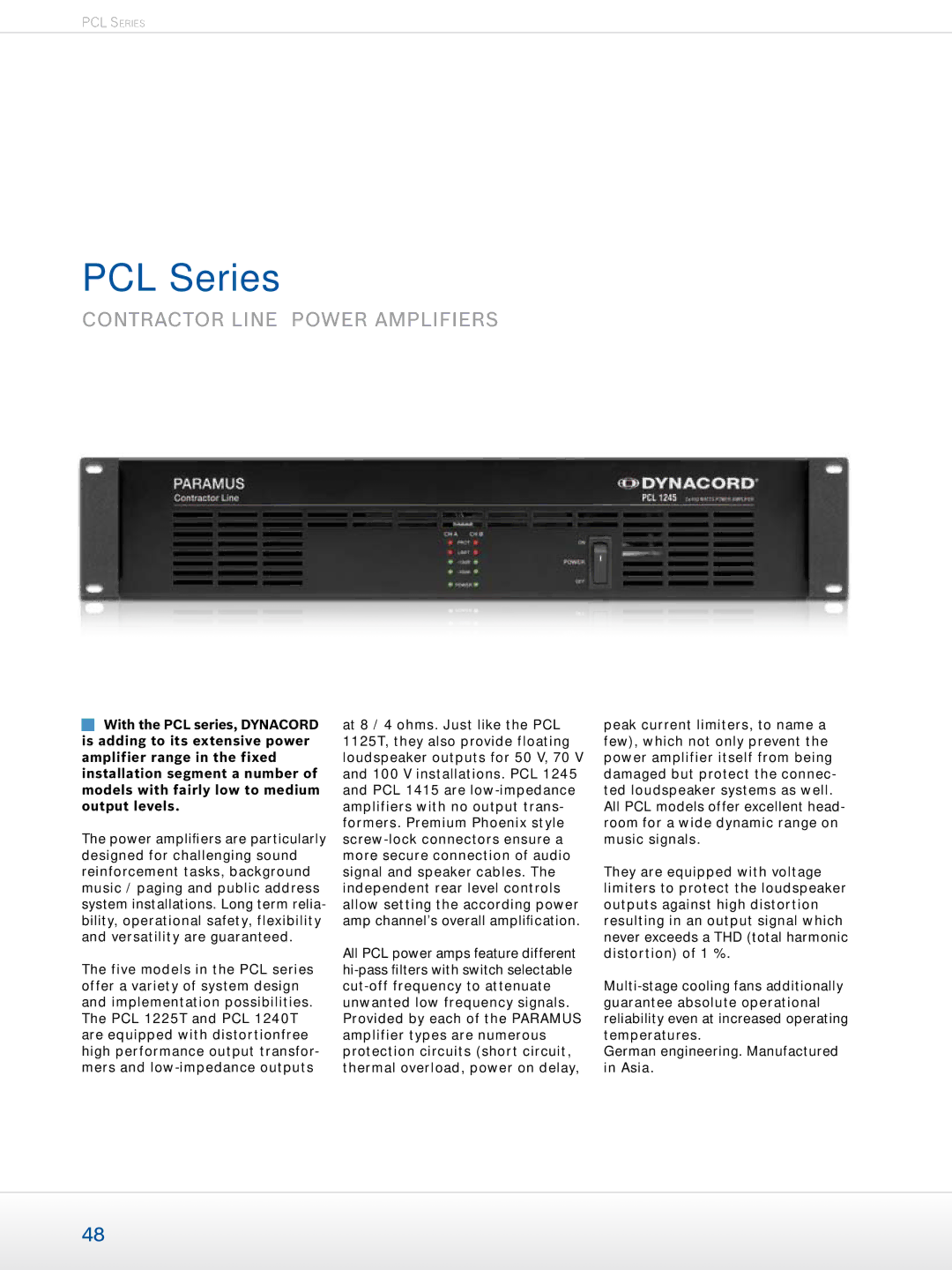 Dynacord Professional Power Amplifiers manual PCL Series, Contractor line power amplifiers 