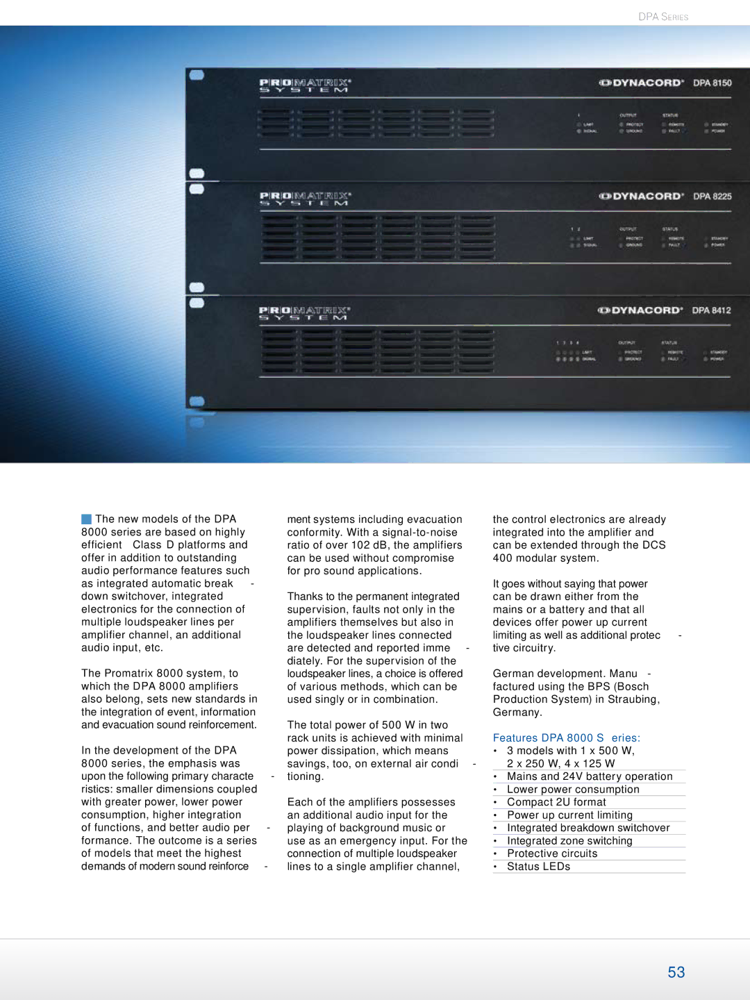 Dynacord Professional Power Amplifiers manual Features DPA 8000 Series 