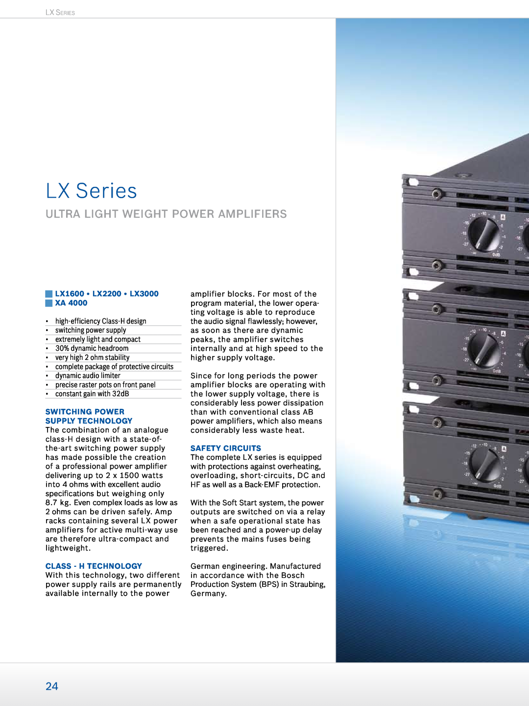 Dynacord Professional Power Amplifiers manual LX Series, ultra light weight power amplifiers, LX1600 • LX2200 • LX3000 Xa 