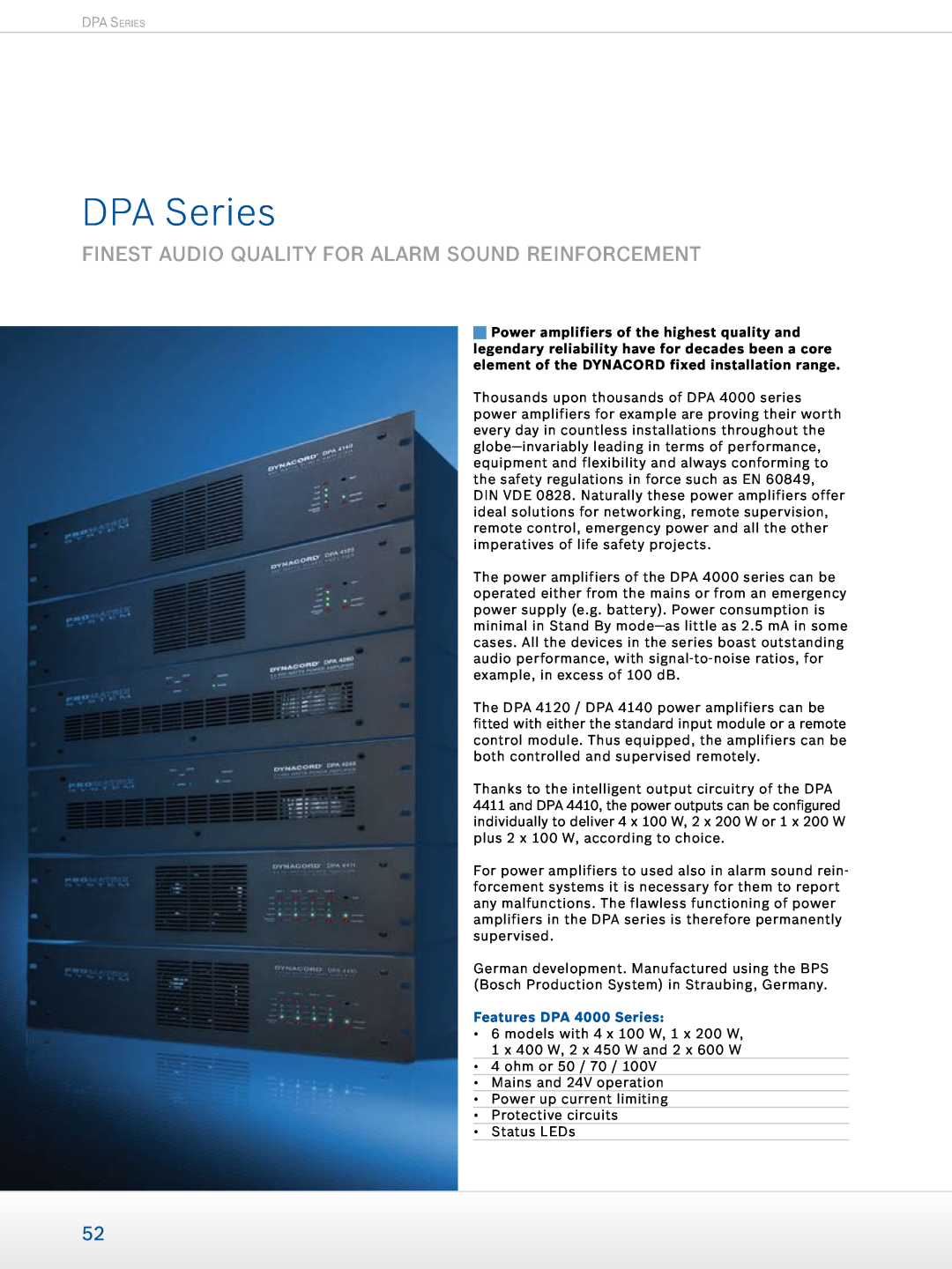 Dynacord Professional Power Amplifiers manual DPA Series, Features DPA 4000 Series 