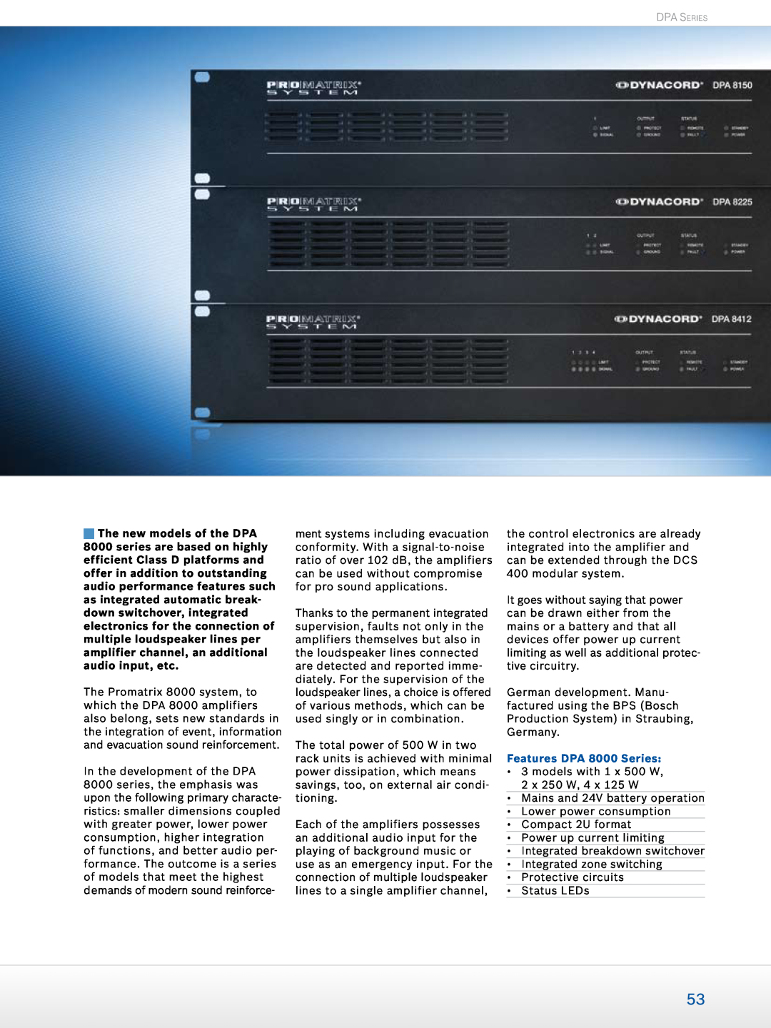 Dynacord Professional Power Amplifiers manual Features DPA 8000 Series, DPA Series 