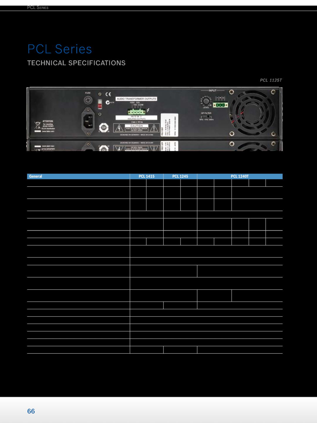 Dynacord Professional Power Amplifiers manual PCL Series, technical specifications, General 