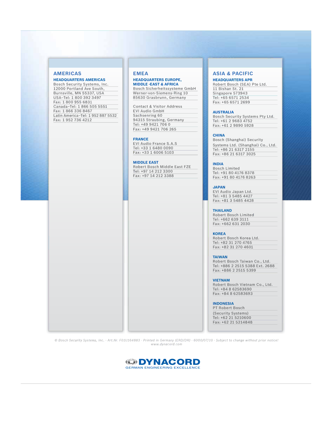 Dynacord Speaker manual Americas Emea Asia & Pacific 