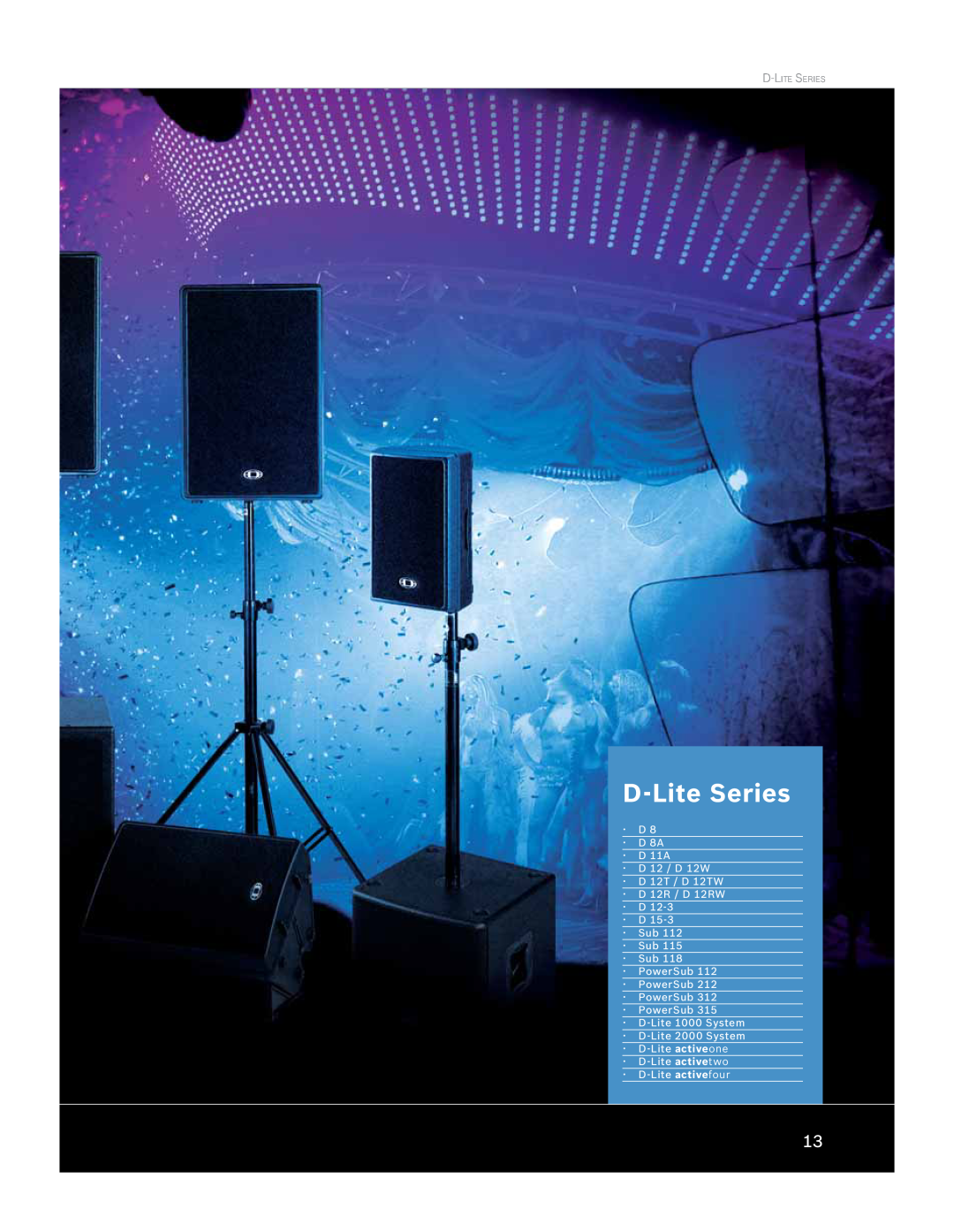 Dynacord Speaker manual D-LiteSeries, ·D ·D 8A ·D 11A ·D 12 / D 12W ·D 12T / D 12TW, ·D-Lite2000 System ·D-Lite activeone 