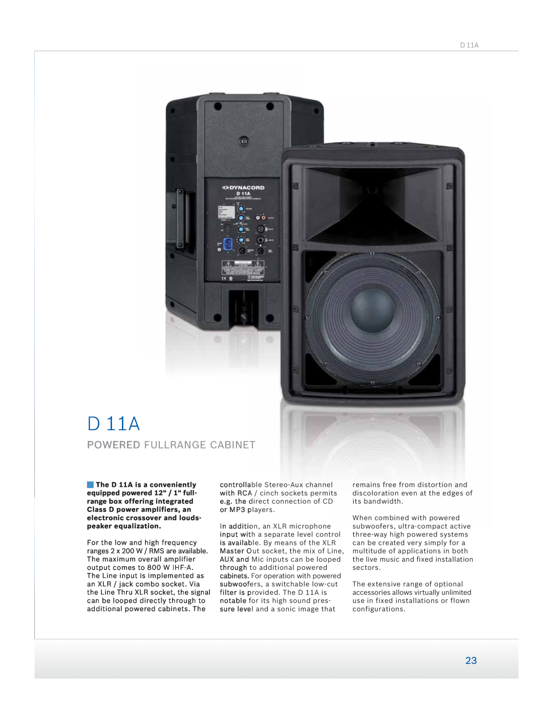 Dynacord Speaker manual D 11A, Powered Fullrange Cabinet 