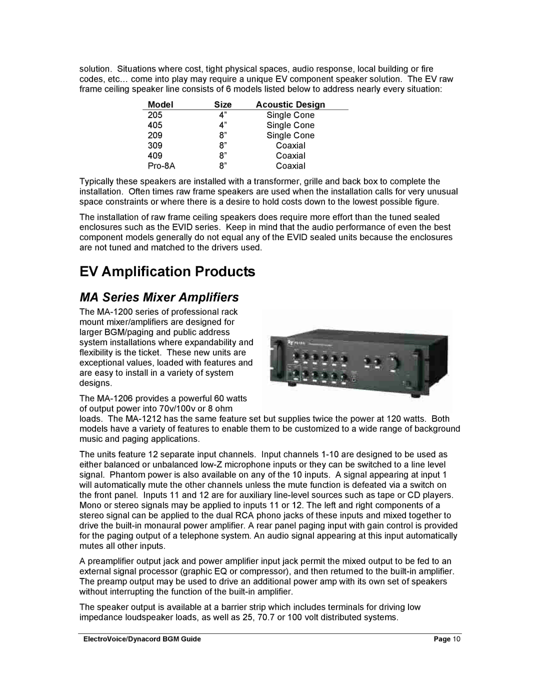 Dynacord Stereo System manual EV Amplification Products, MA Series Mixer Amplifiers 