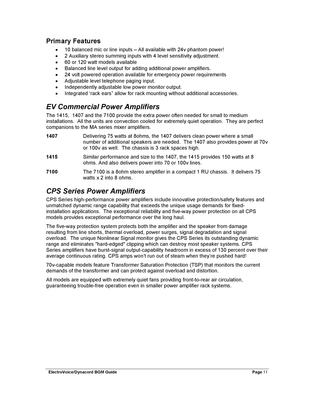 Dynacord Stereo System manual EV Commercial Power Amplifiers, CPS Series Power Amplifiers, Primary Features 