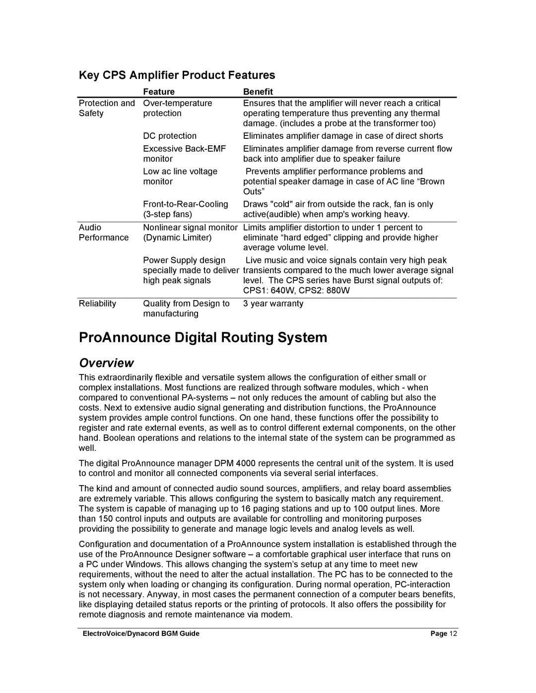 Dynacord Stereo System manual ProAnnounce Digital Routing System, Overview, Key CPS Amplifier Product Features 