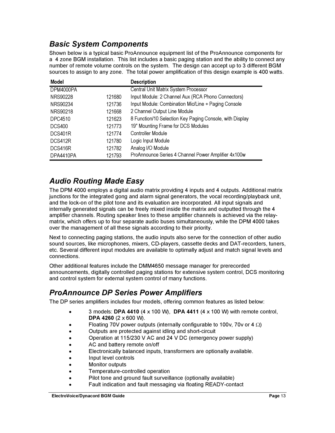 Dynacord Stereo System manual Basic System Components, Audio Routing Made Easy, ProAnnounce DP Series Power Amplifiers 