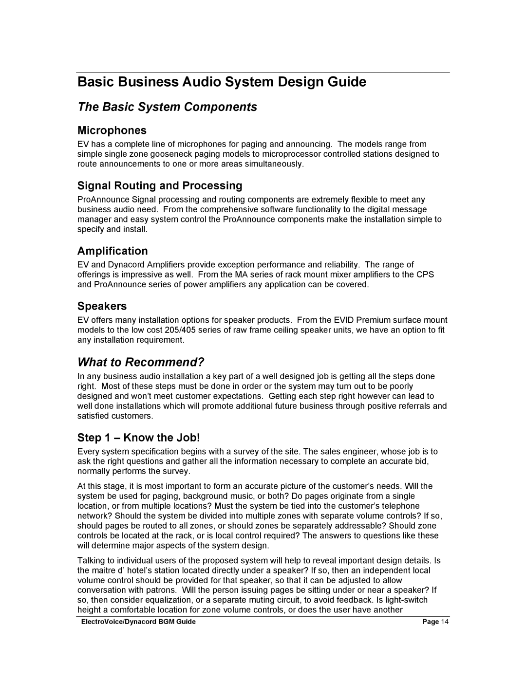 Dynacord Stereo System manual Basic Business Audio System Design Guide, What to Recommend? 