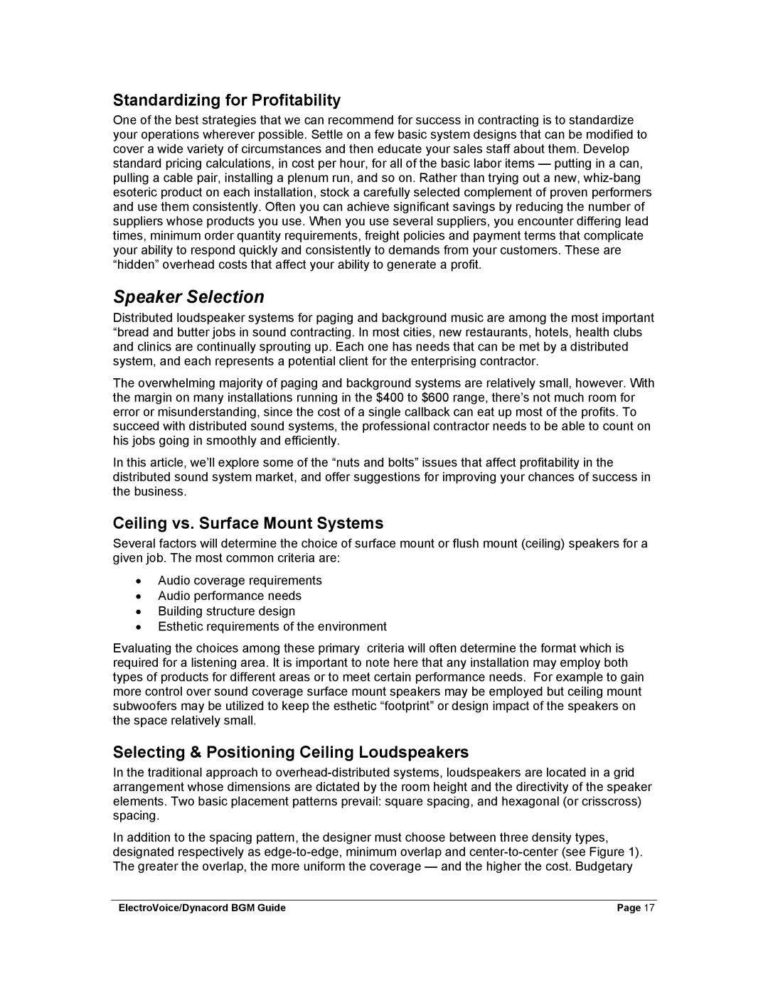 Dynacord Stereo System manual Speaker Selection, Standardizing for Profitability, Ceiling vs. Surface Mount Systems 