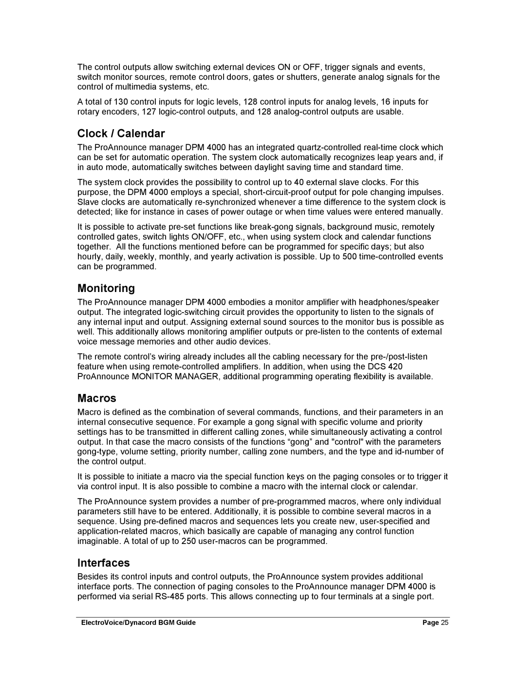 Dynacord Stereo System manual Clock / Calendar, Monitoring, Macros, Interfaces 