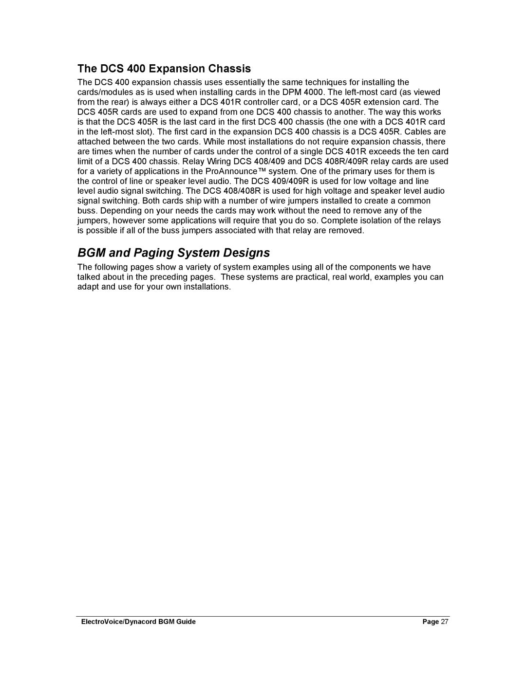 Dynacord Stereo System manual BGM and Paging System Designs, DCS 400 Expansion Chassis 