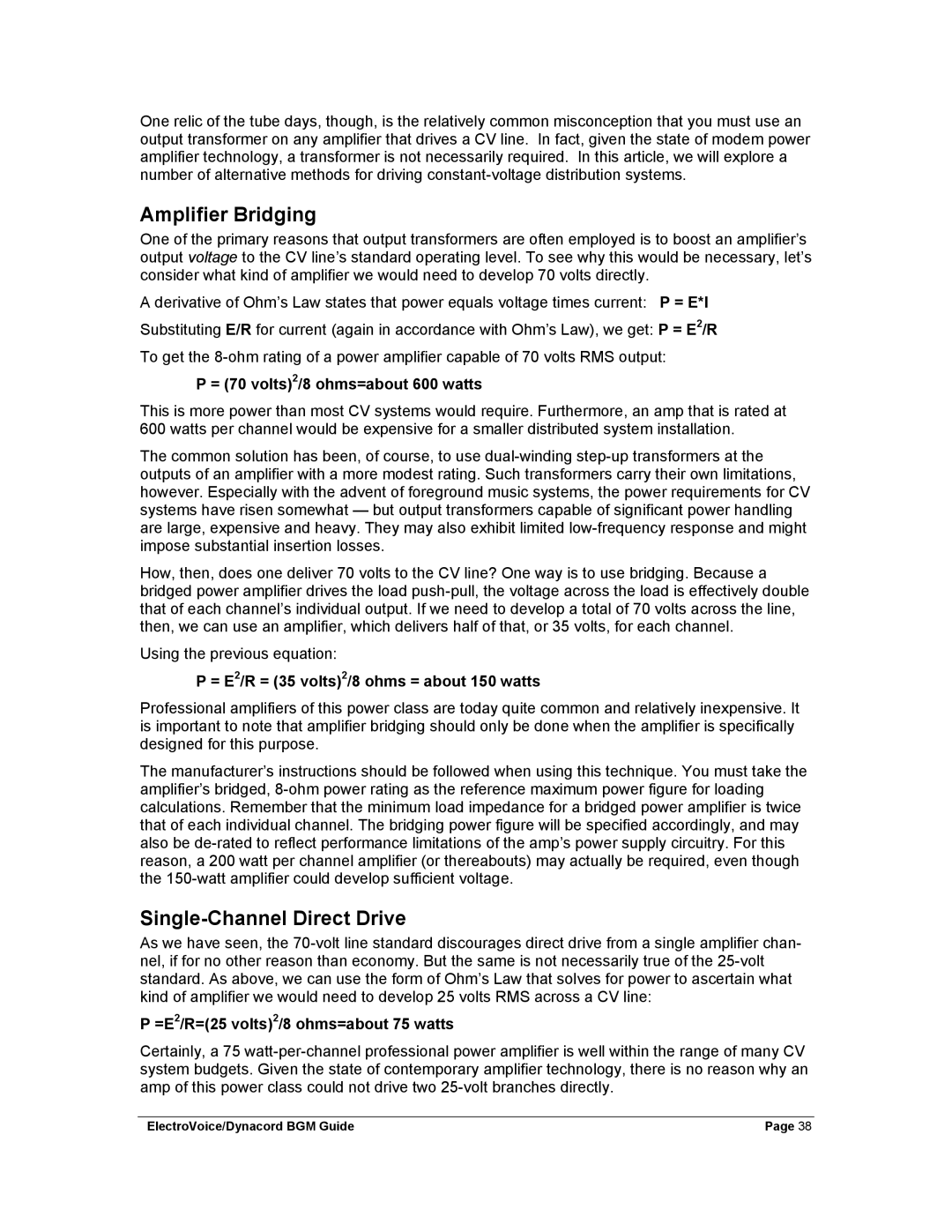 Dynacord Stereo System manual Amplifier Bridging, Single-Channel Direct Drive 