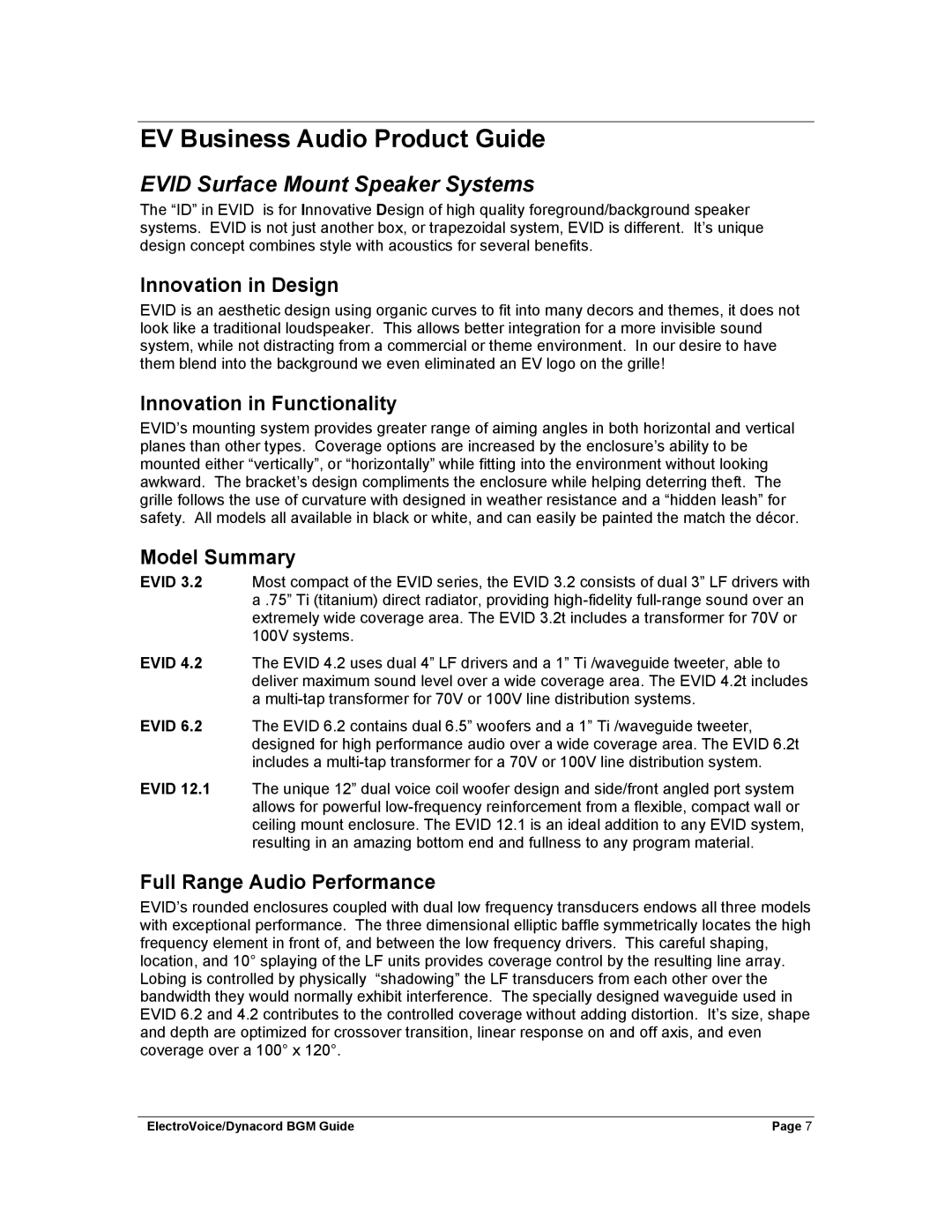 Dynacord Stereo System manual EV Business Audio Product Guide, Evid Surface Mount Speaker Systems 