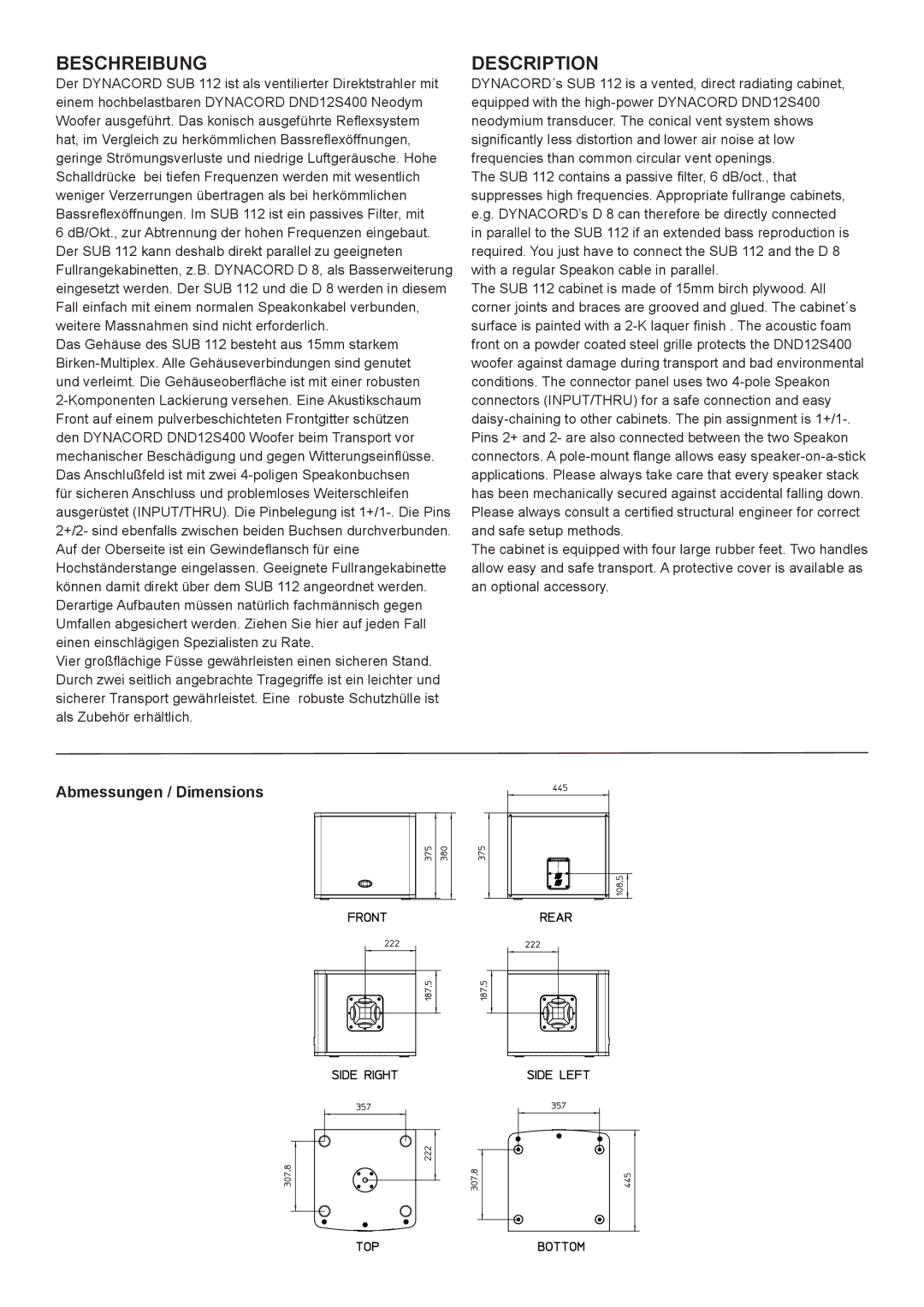 Dynacord SUB 112 specifications Beschreibung 