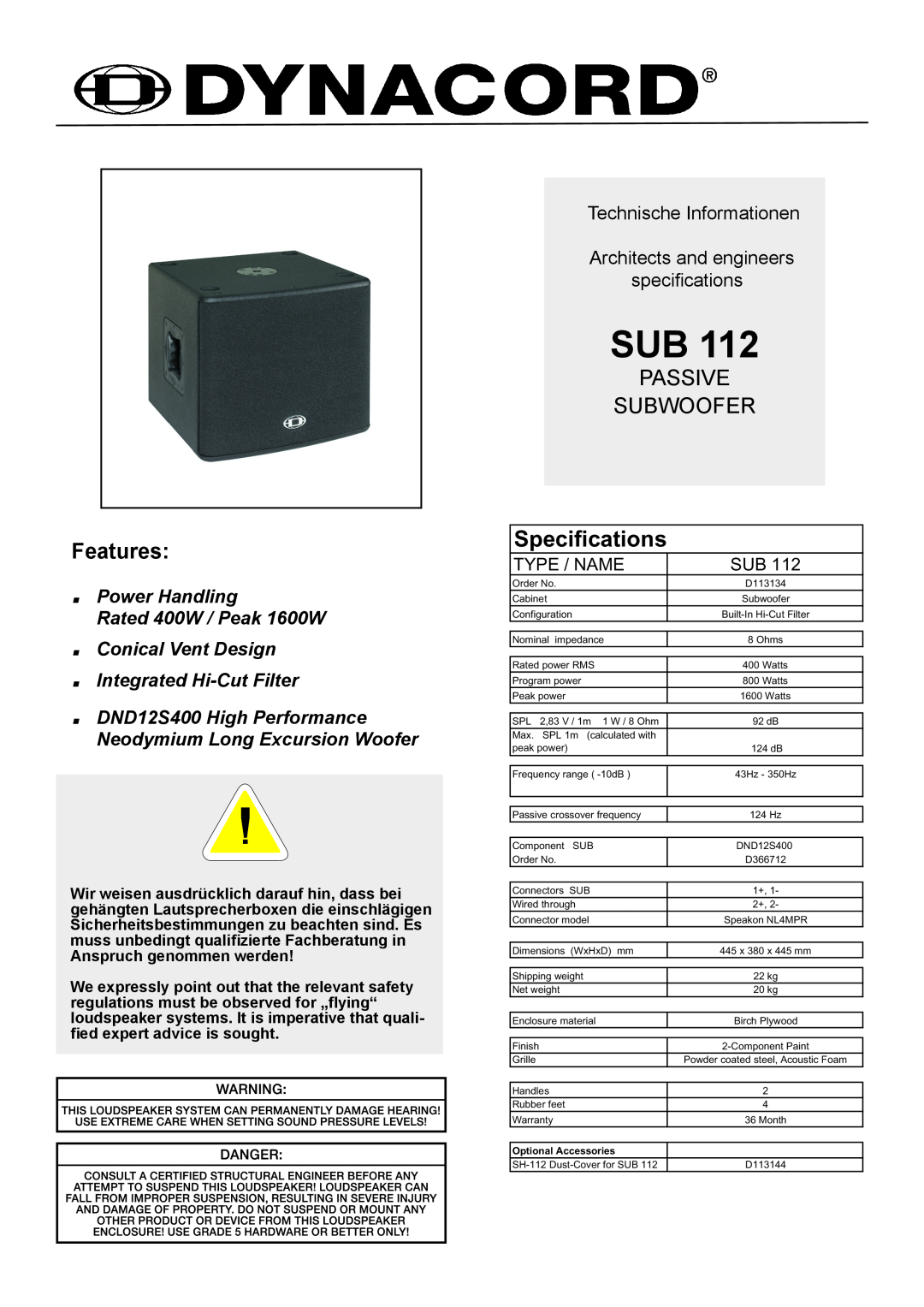 Dynacord SUB 112 specifications Features, Passive Subwoofer, Specifications, Power Handling Rated 400W / Peak 1600W 