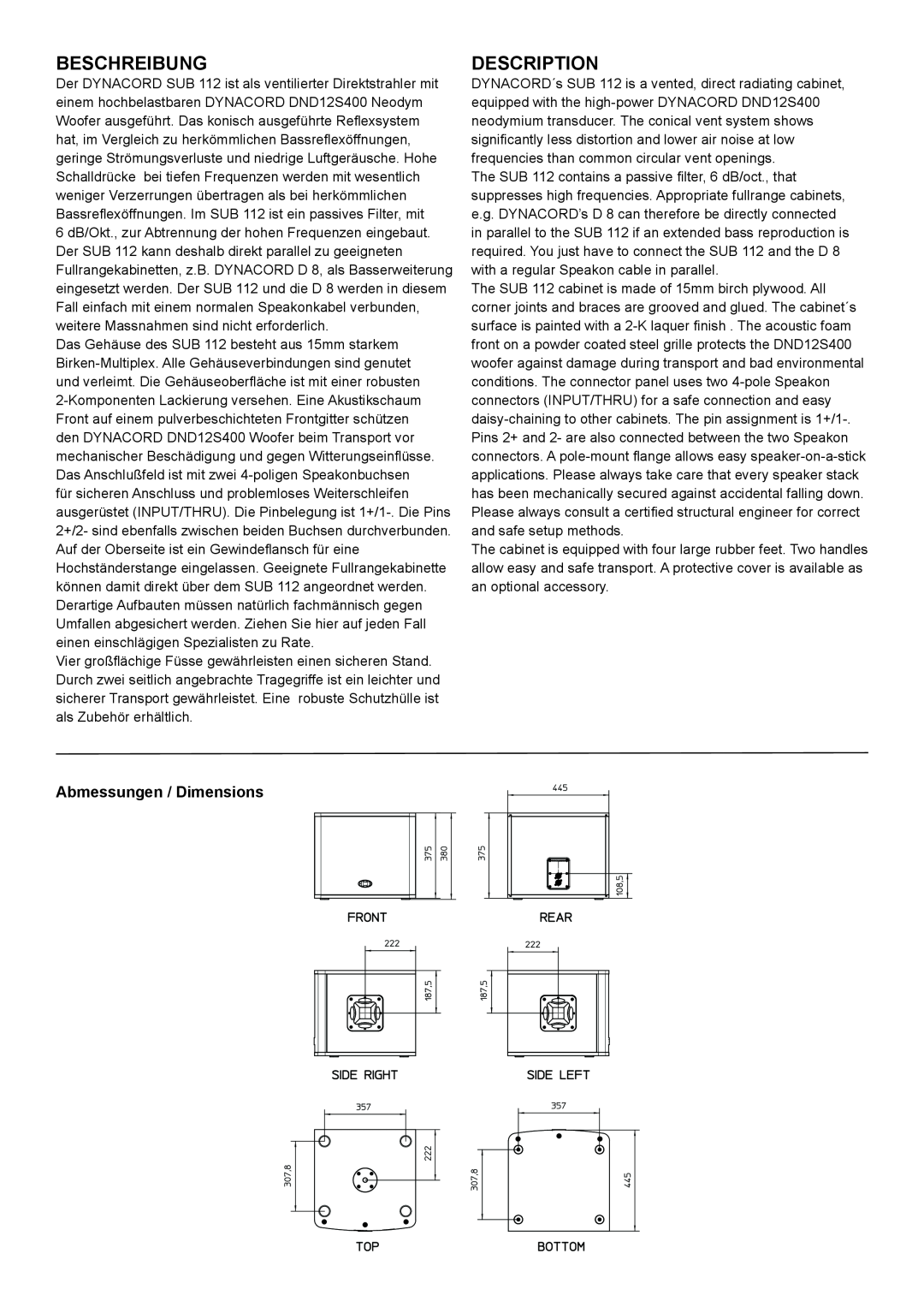 Dynacord SUB 112 specifications Beschreibung, Description, Abmessungen / Dimensions 