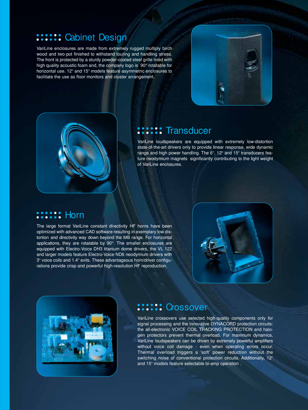 Dynacord VariLine manual Cabinet Design, Transducer, Horn, Crossover 