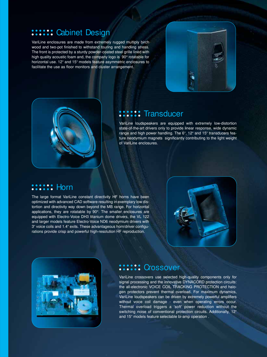Dynacord VariLine manual Cabinet Design, Transducer, Horn, Crossover 