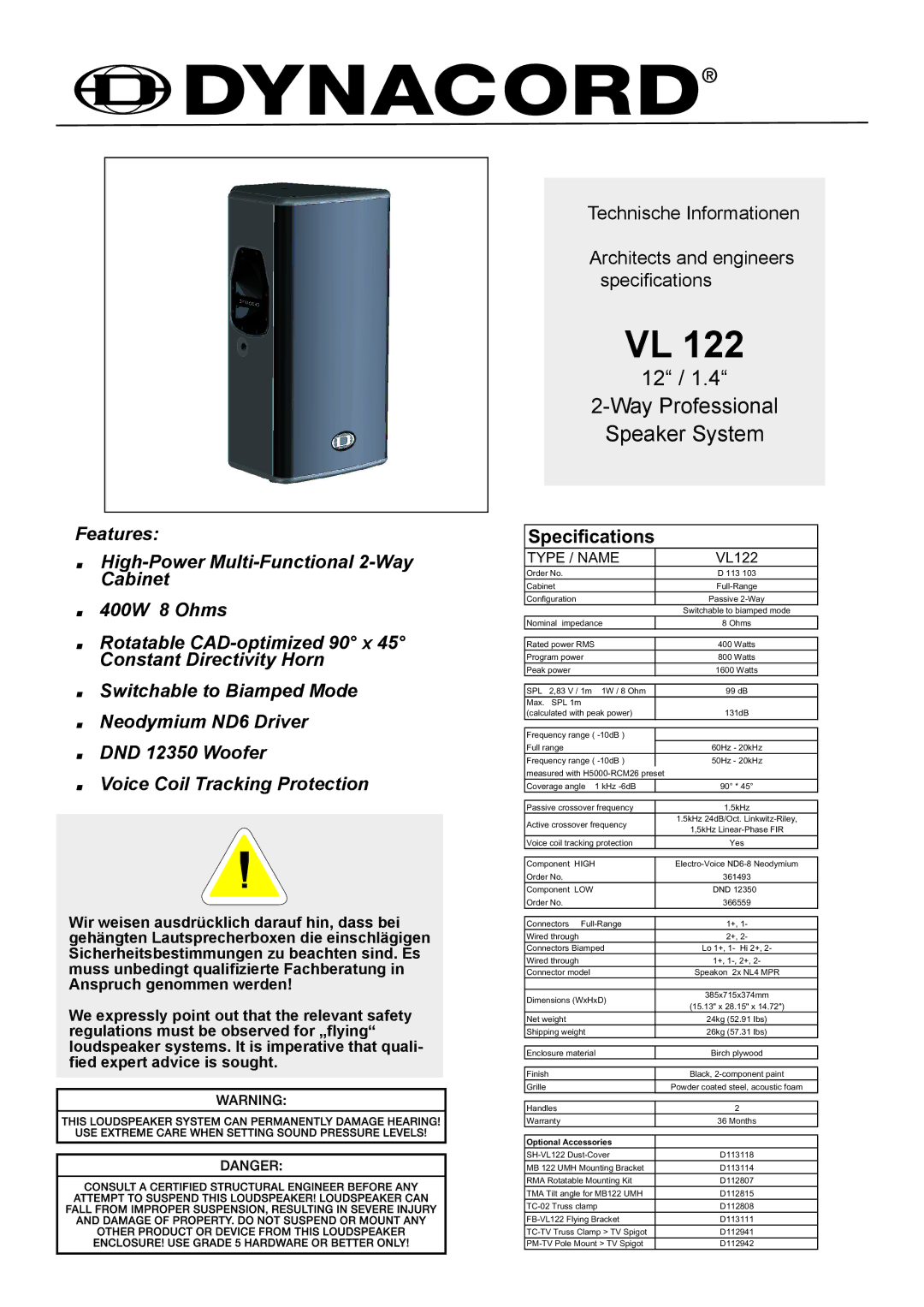 Dynacord VL 122 specifications Specifications, Type / Name 