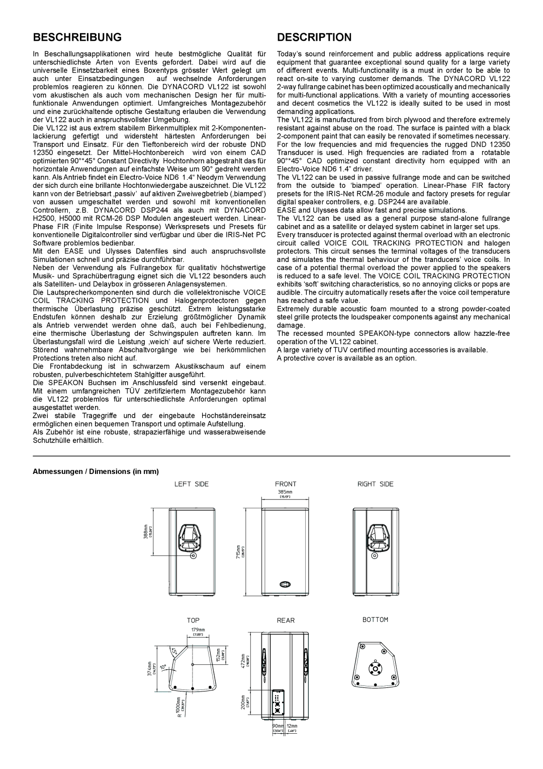 Dynacord VL 122 specifications Beschreibung 