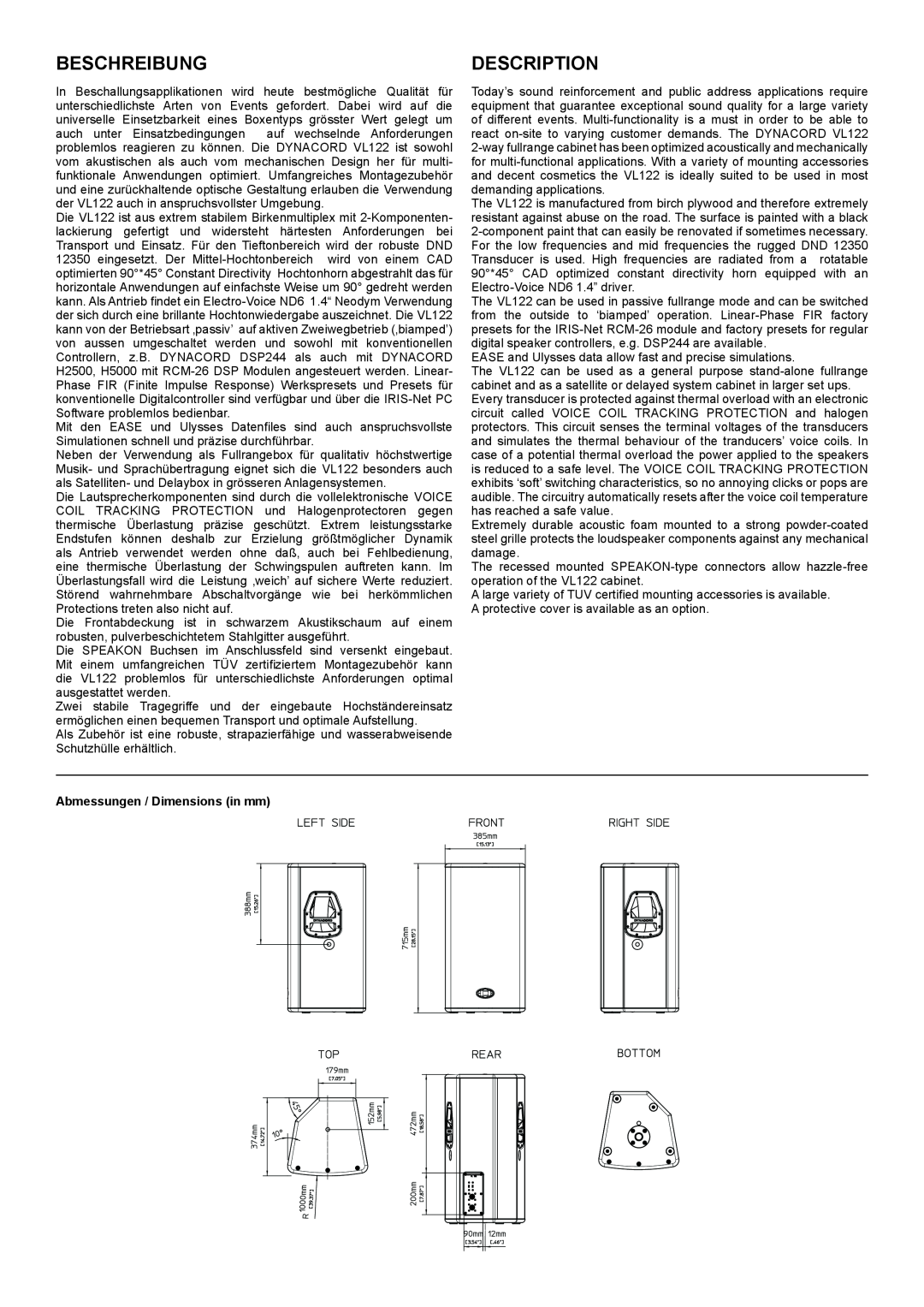 Dynacord VL 122 specifications Beschreibung, Description, Abmessungen / Dimensions in mm 