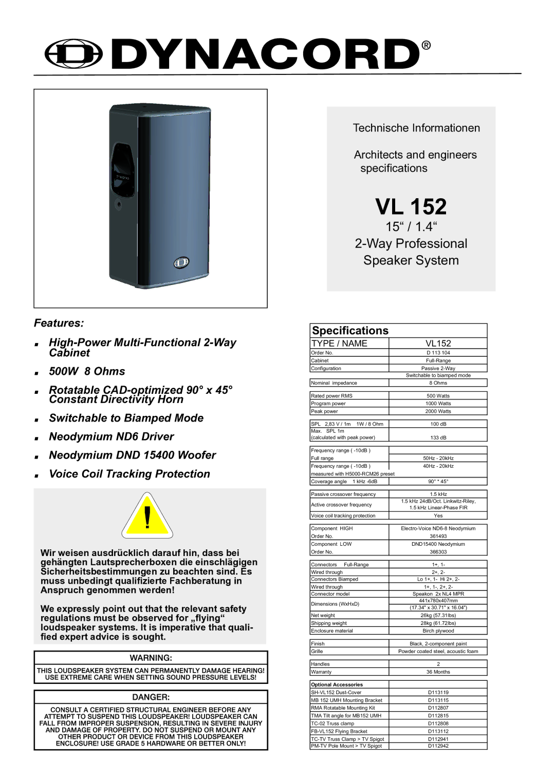 Dynacord VL 152 specifications Specifications, Type / Name 