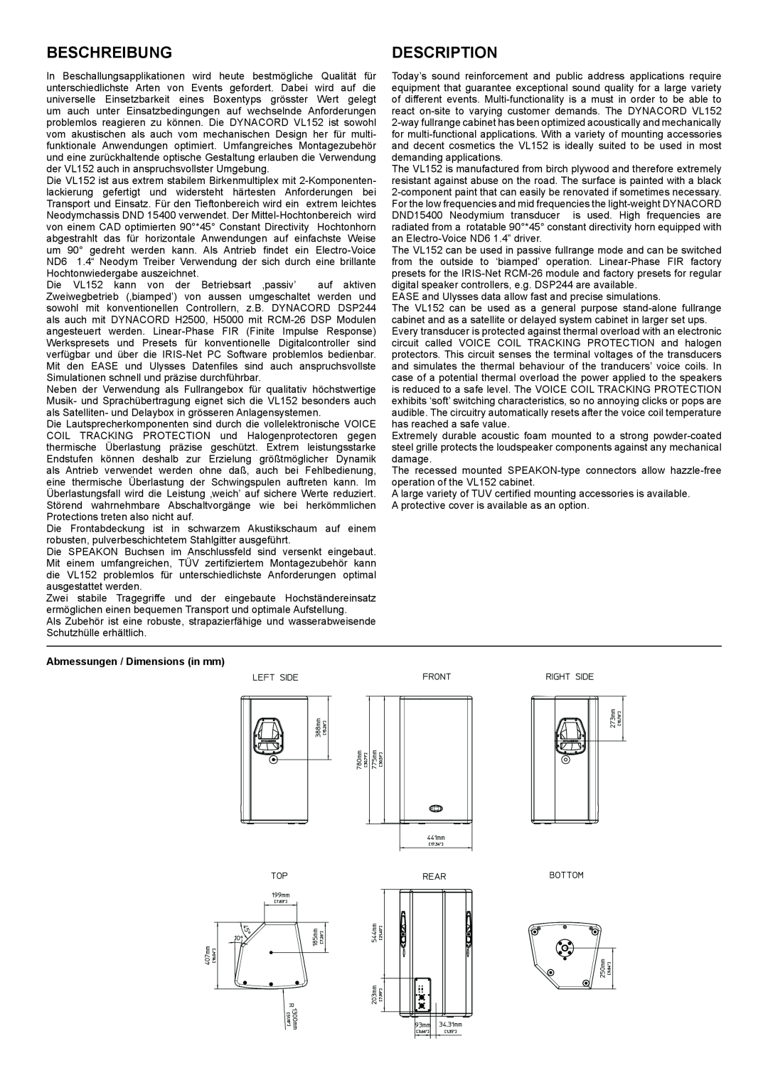 Dynacord VL 152 specifications Beschreibung, Description, Abmessungen / Dimensions in mm 